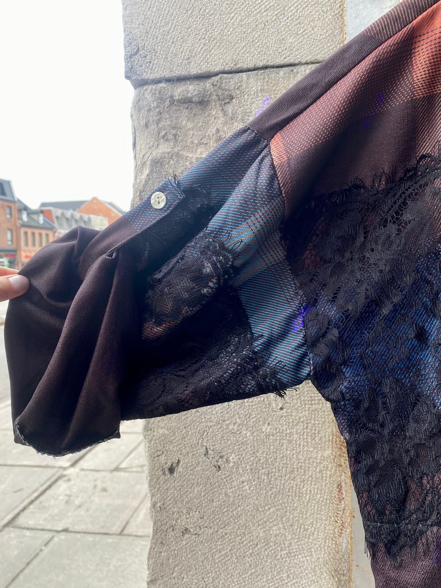 Linen Blend Patchwork Plaid Shirt with Lace Detail