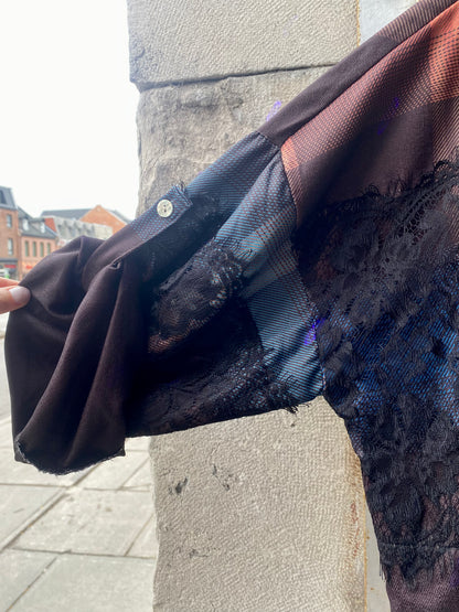 Linen Blend Patchwork Plaid Shirt with Lace Detail