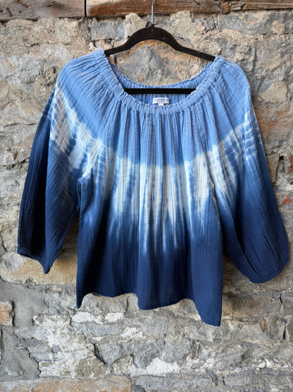 100% Cotton Boho  Boat Neck Tie Dye Top- Blue and White