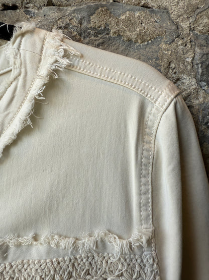 Collarless Stretch Jean Jacket with macrame frayed edges and pockets- Ivory