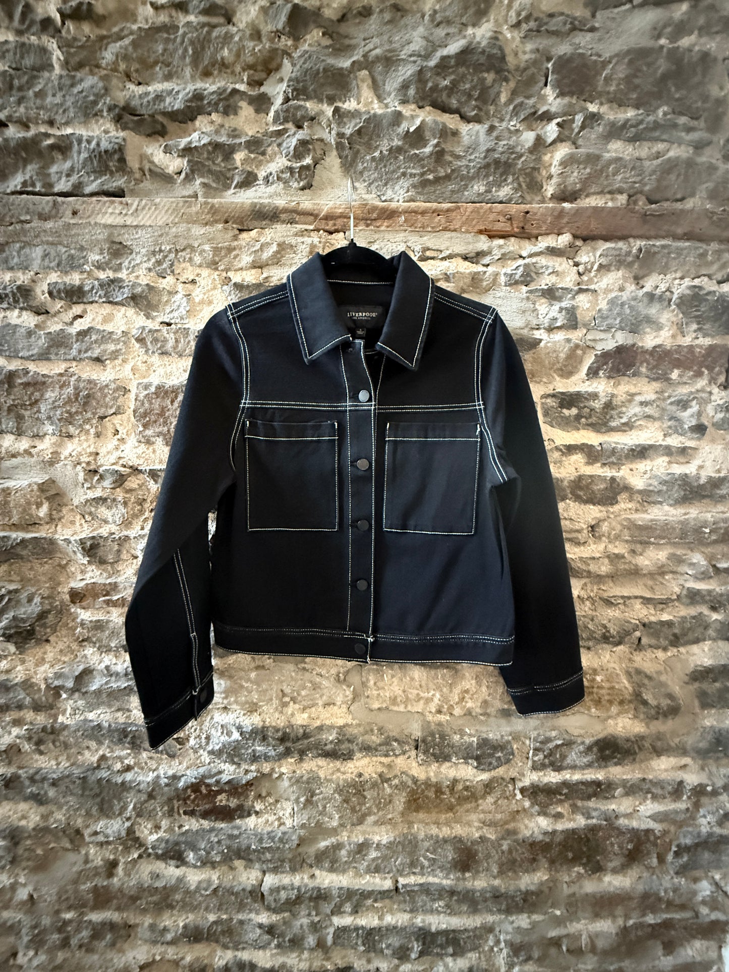 Stretch Trucker Jacket - Black / White Stitching