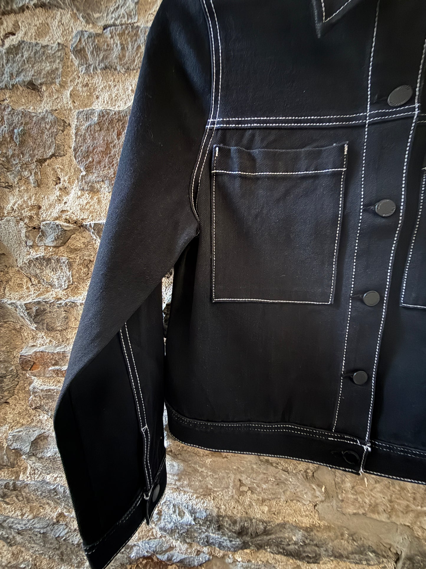 Stretch Trucker Jacket - Black / White Stitching