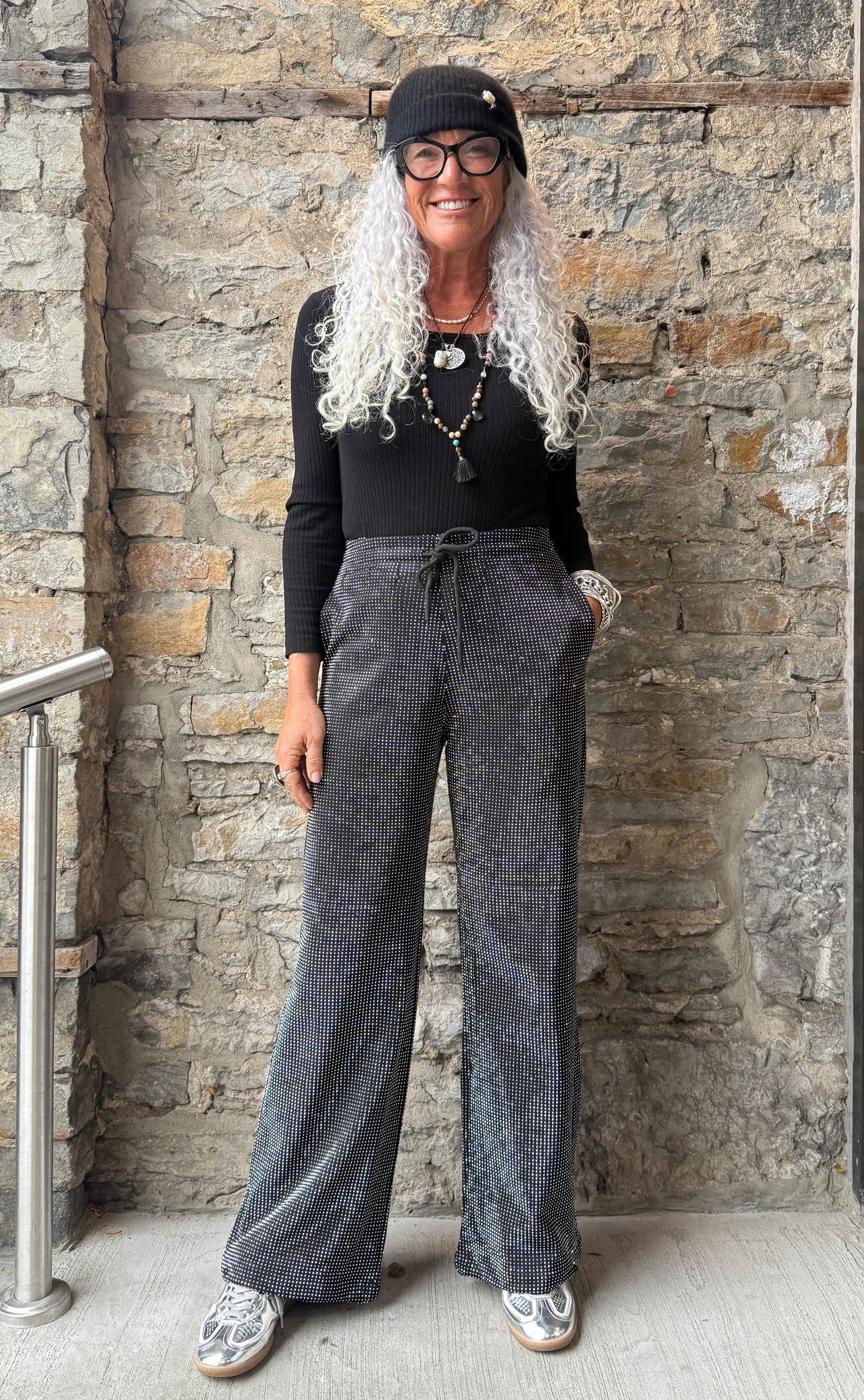 Black Wide Leg Rhinestone Pull on Pant