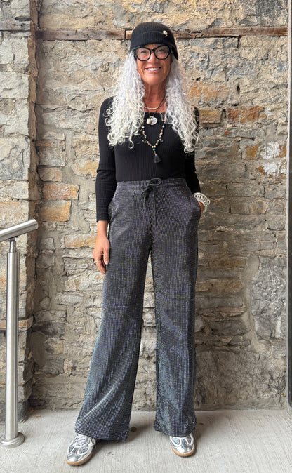 Black Wide Leg Rhinestone Pull on Pant