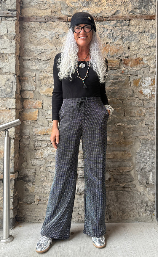 Black Wide Leg Rhinestone Pull on Pant