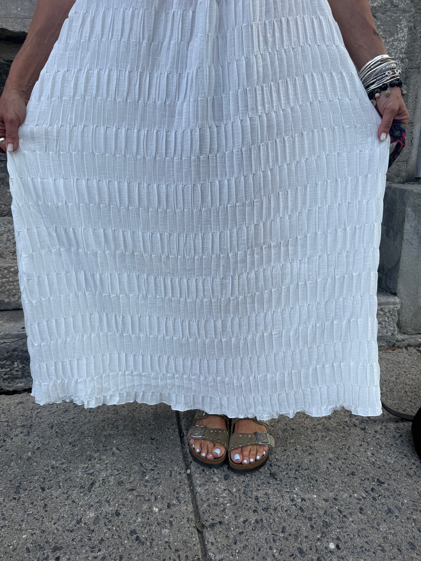 Textured Maxi Sun Dress with Stone Strap Details - WHITE
