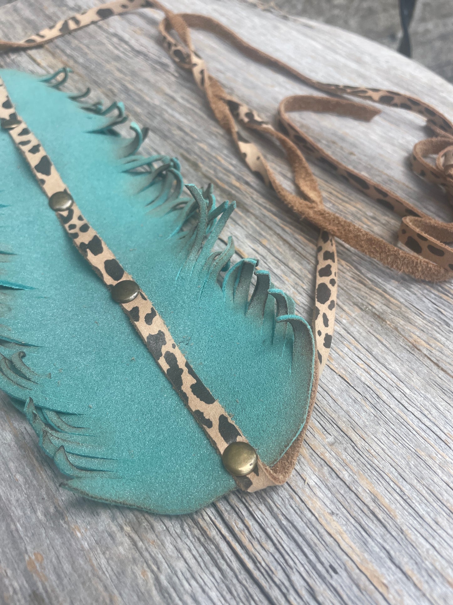 Turquoise Hand Cut Leather Feather Hat Wrap