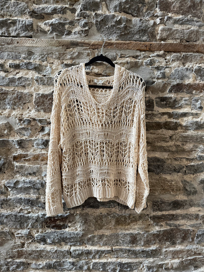Relaxed Fit Cream Crochet Knit Hoodie Sweater - Cream