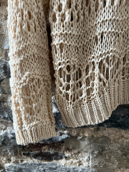 Relaxed Fit Cream Crochet Knit Hoodie Sweater - Cream