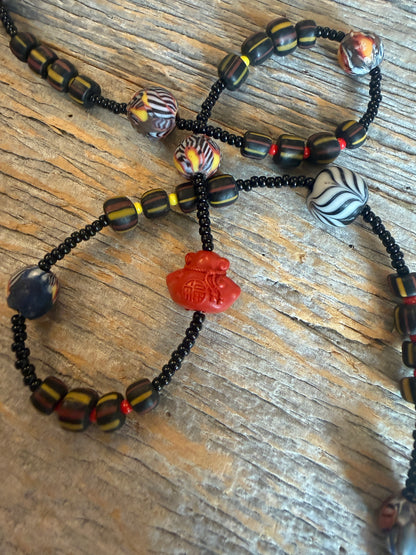 40" Long Necklace - Assorted African Trading Beads, Carved Cinnabar and Glass Beads