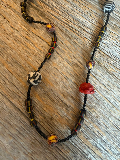 40" Long Necklace - Assorted African Trading Beads, Carved Cinnabar and Glass Beads