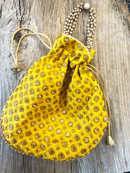 Embroidered Drawstring Bag - YELLOW
