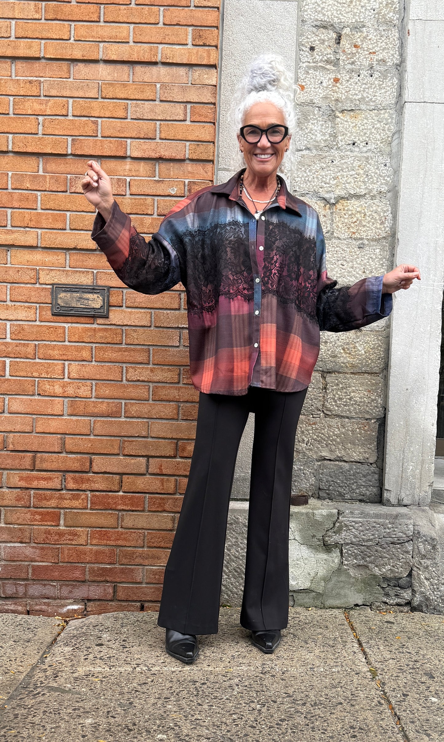 Linen Blend Patchwork Plaid Shirt with Lace Detail