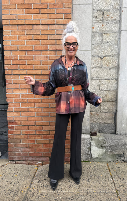 Linen Blend Patchwork Plaid Shirt with Lace Detail