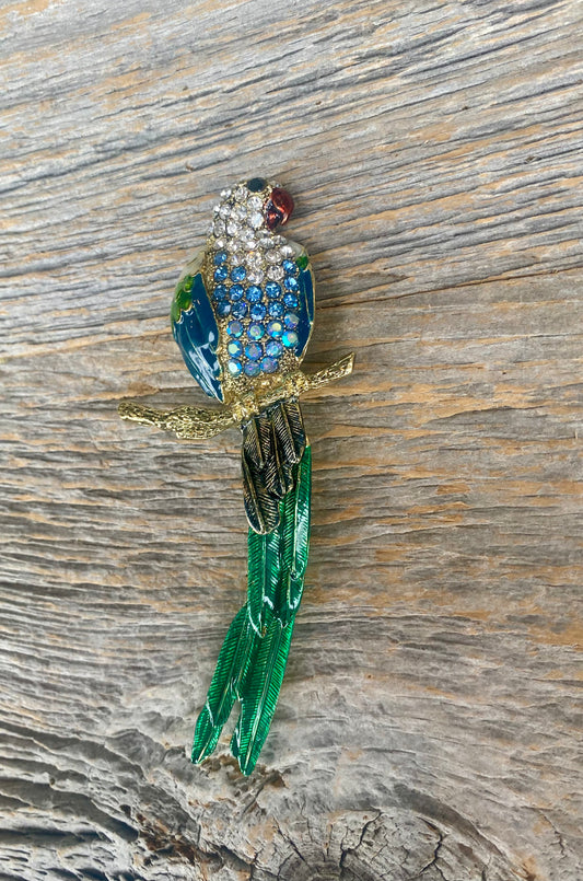 Blue and Green Parrot Brooch with Hinge Tail