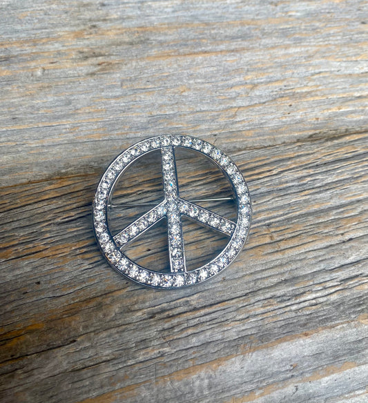 Silver Rhinestone Peace Sign Brooch