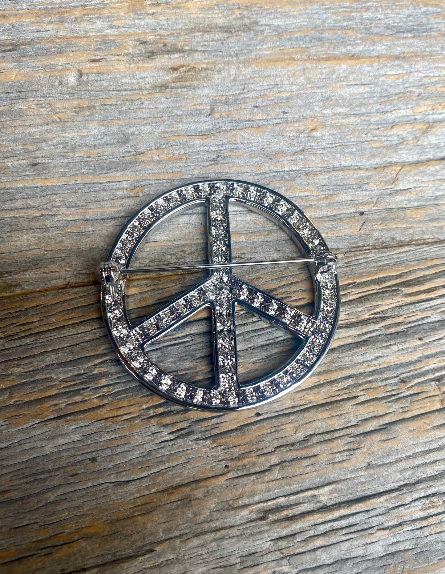 Silver Rhinestone Peace Sign Brooch