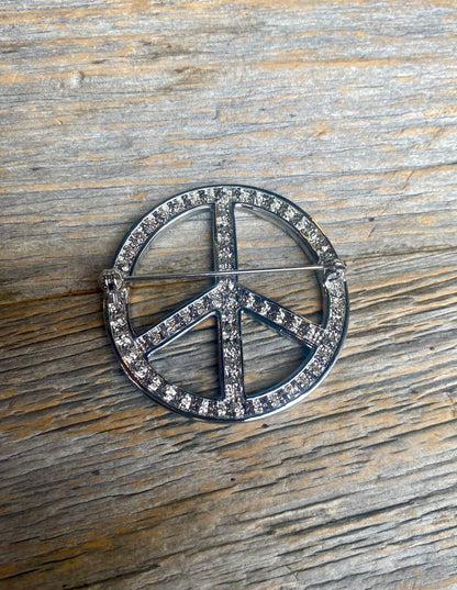 Silver Rhinestone Peace Sign Brooch
