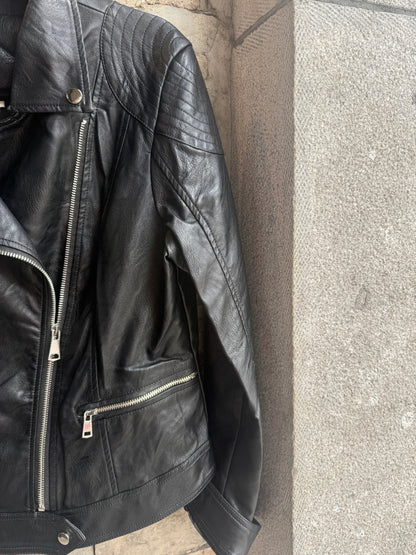 Black Pleather Motorcycle Jacket  with Silver Hardware