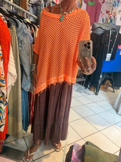 100% Cotton Knit Asymmetrical Top - ORANGE