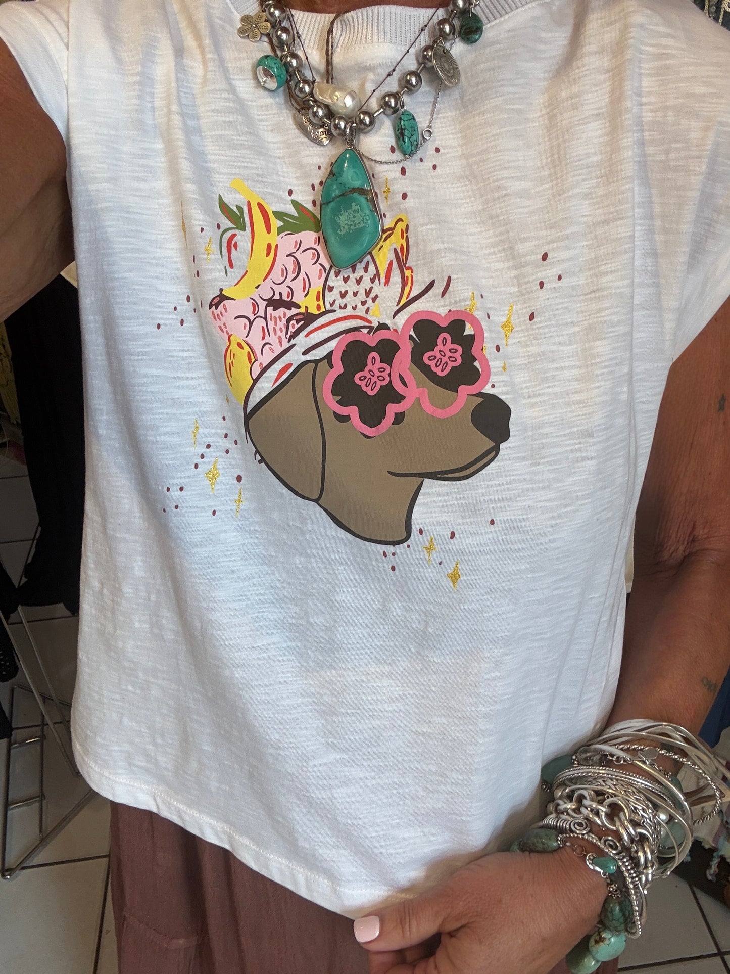 Daschund Print and Floral 100% Cotton  T-shirt - WHITE