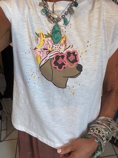 Daschund Print and Floral 100% Cotton  T-shirt - WHITE