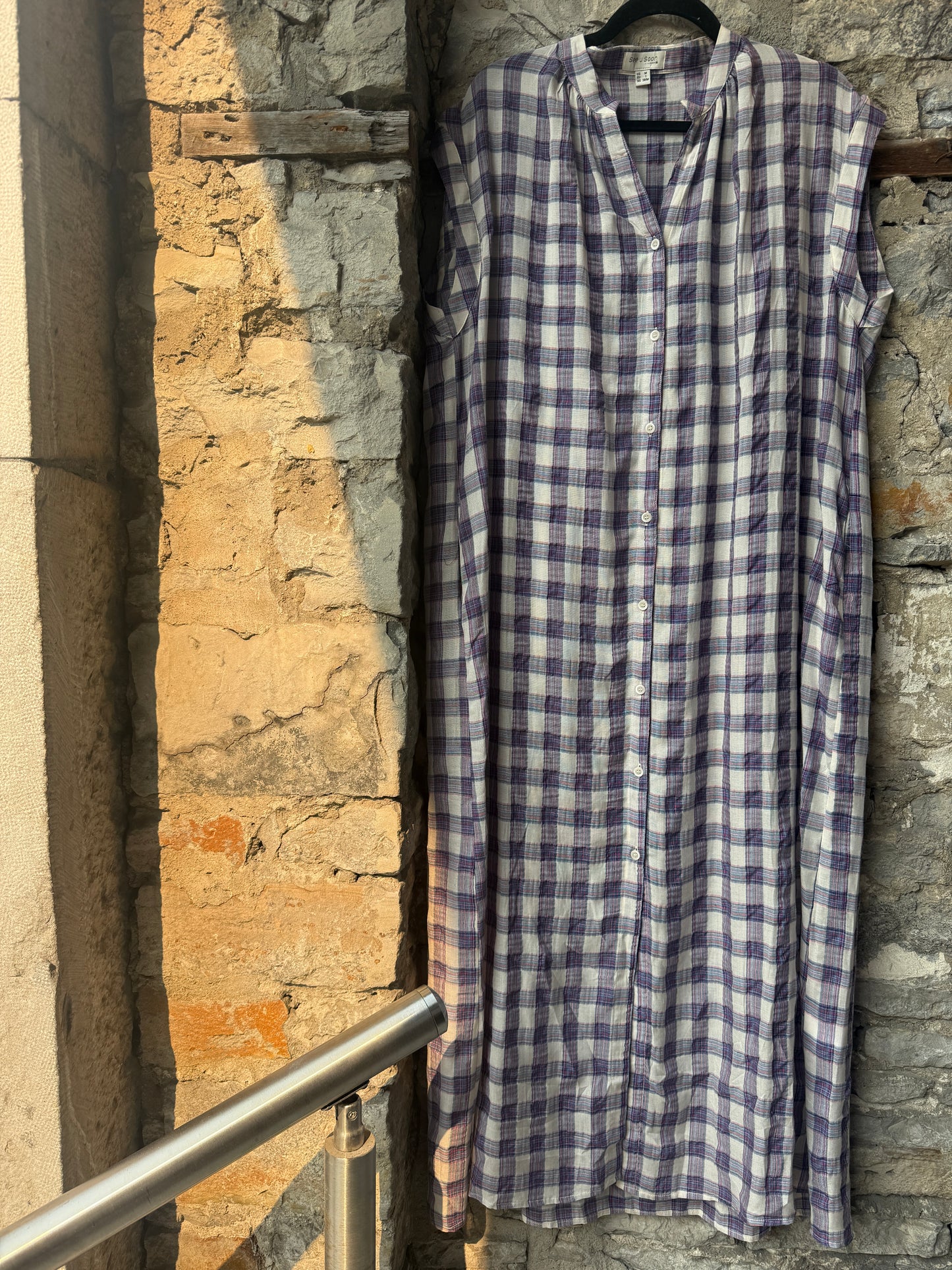 100% Cotton Oversized Short Sleeve Maxi Plaid Shirt Dress- Blue Red Pink White