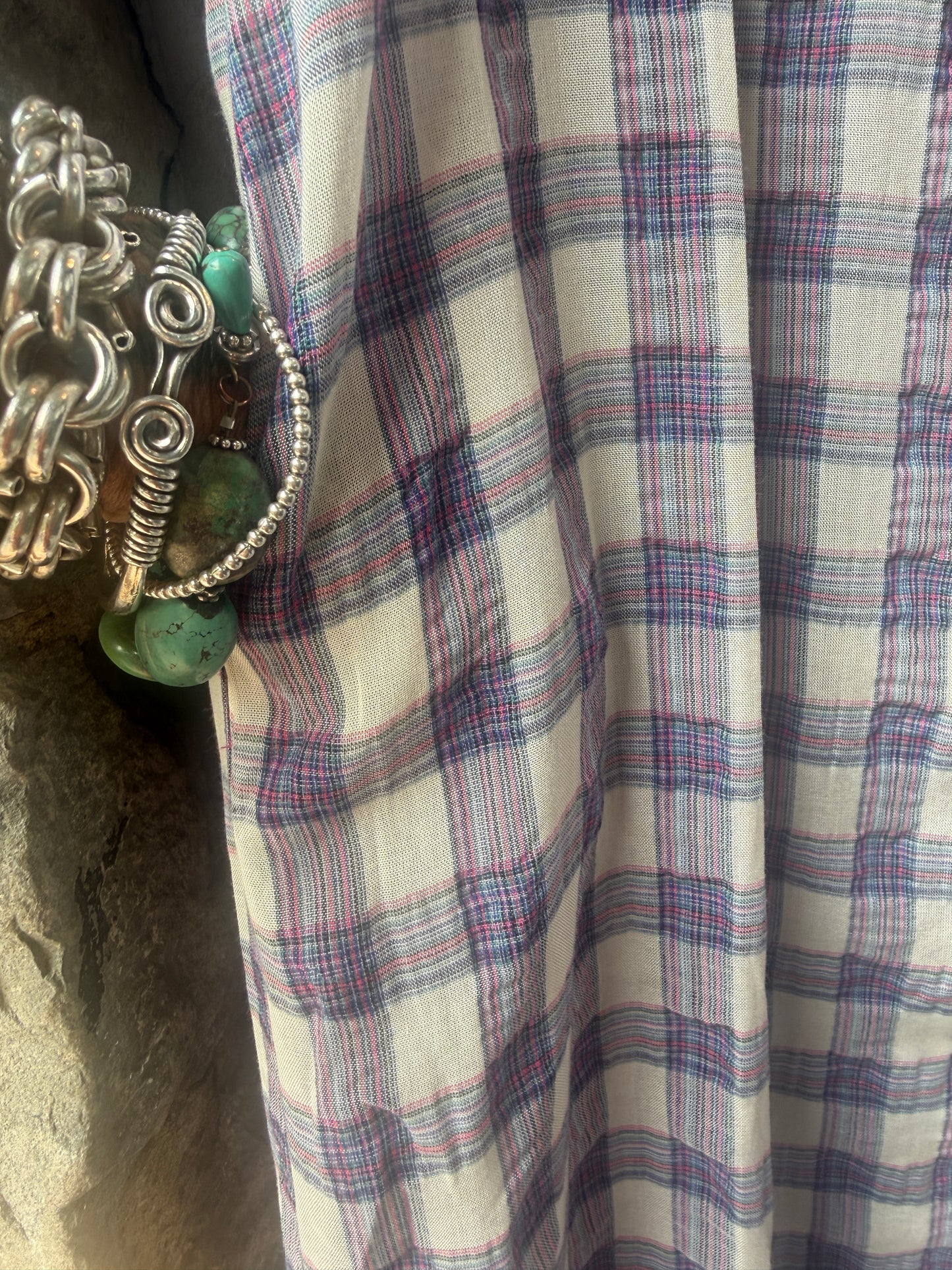 100% Cotton Oversized Short Sleeve Maxi Plaid Shirt Dress- Blue Red Pink White