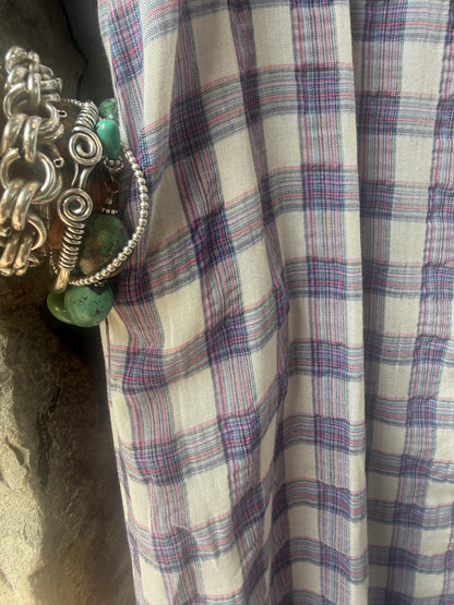 100% Cotton Oversized Short Sleeve Maxi Plaid Shirt Dress- Blue Red Pink White