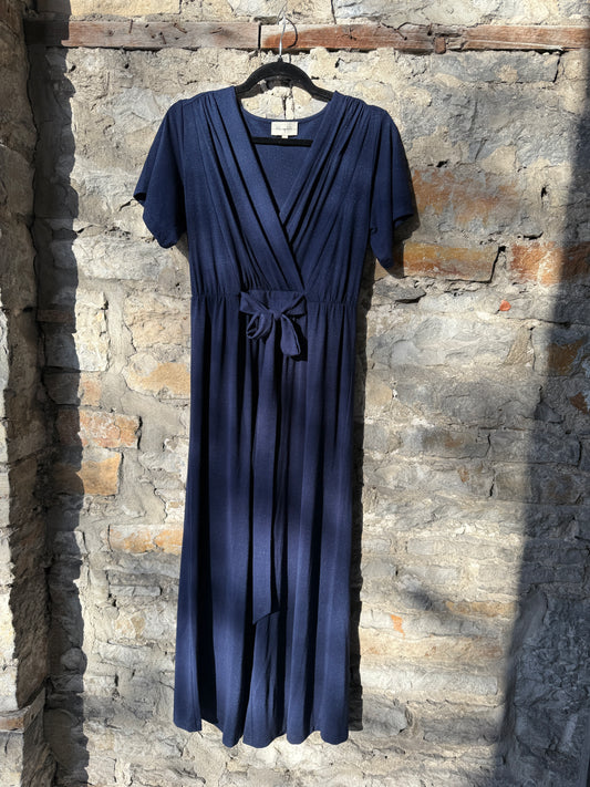 V neck Short Sleeve Wide Leg Jumpsuit- NAVY BLUE