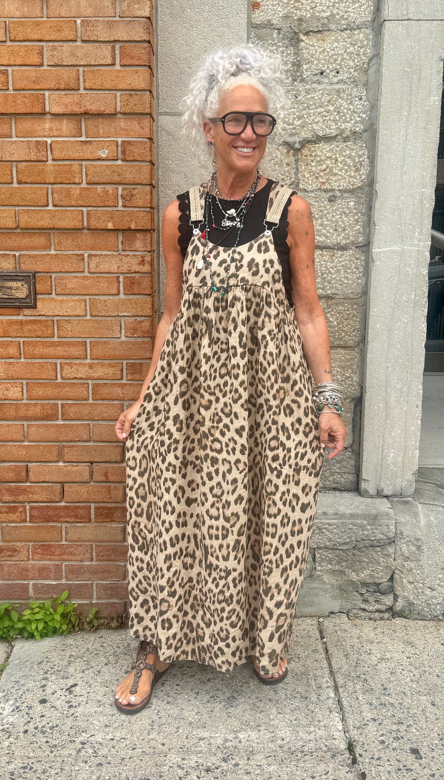 Linen Overall Maxi Dress - ANIMAL PRINT
