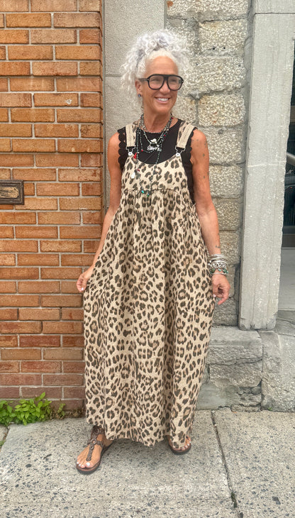Linen Overall Maxi Dress - ANIMAL PRINT