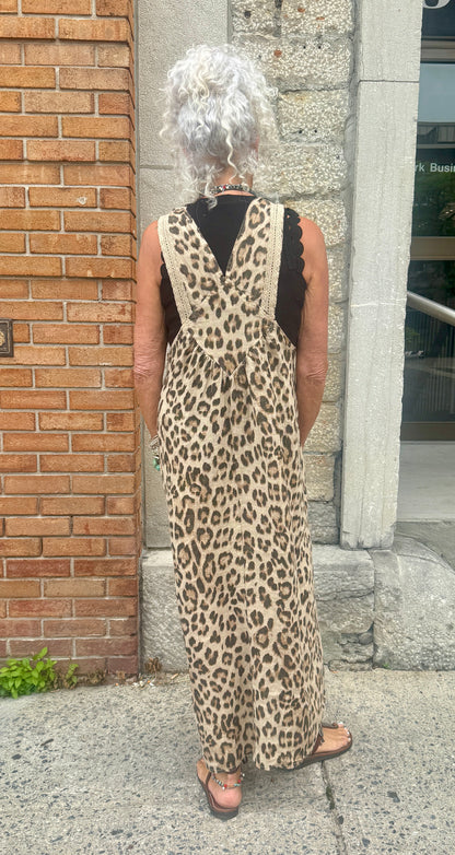 Linen Overall Maxi Dress - ANIMAL PRINT