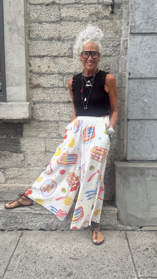 Linen Palazzo Printed Pant with Pockets- COLOURFUL