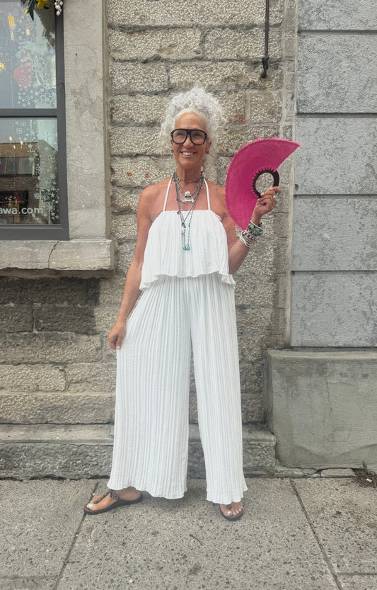 Pleated Wide Leg Jumpsuit - WHITE