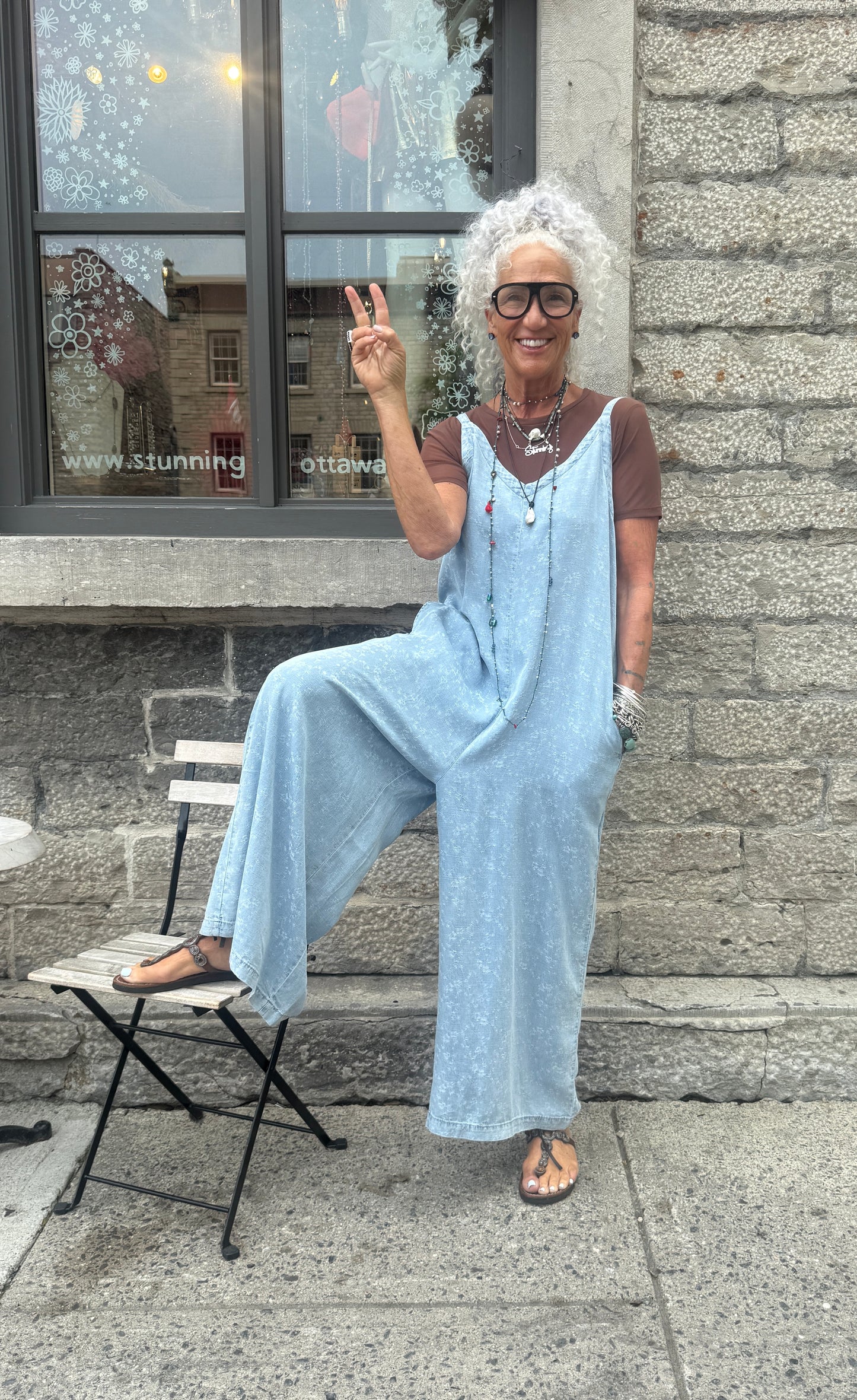 Denim Wide Leg Jumpsuit with Pockets- Light Wash Chambray