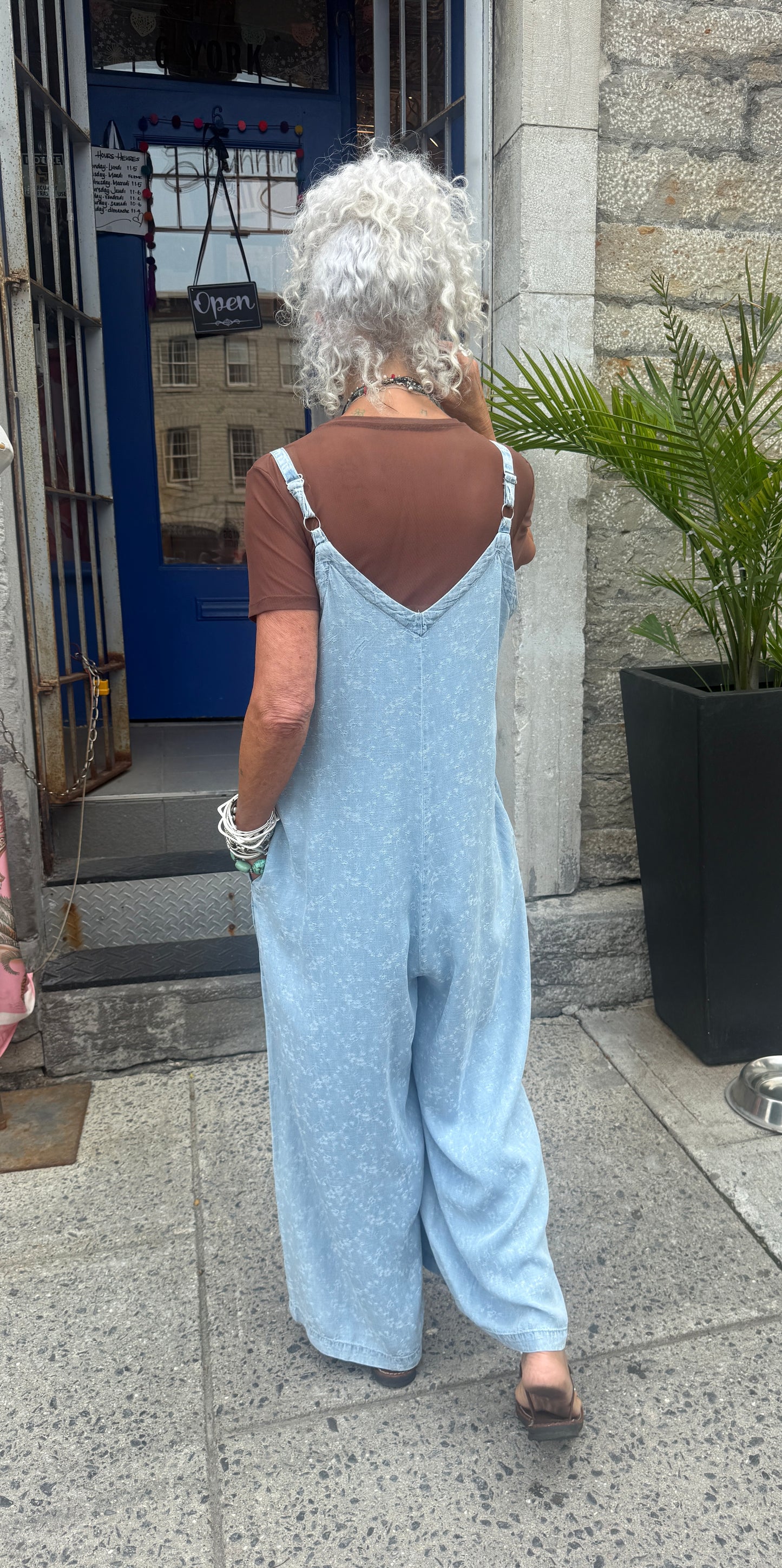 Denim Wide Leg Jumpsuit with Pockets- Light Wash Chambray