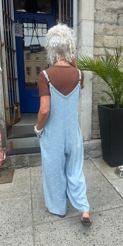 Denim Wide Leg Jumpsuit with Pockets- Light Wash Chambray