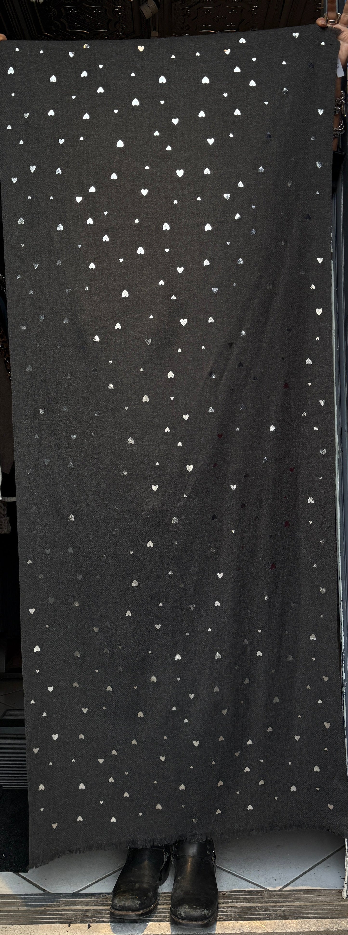 Grey Long Scarf with Silver Metallic Hearts