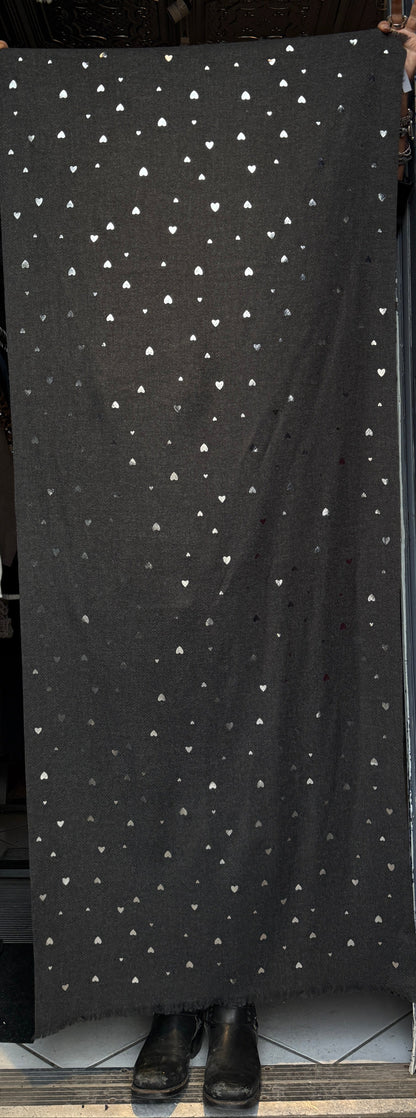 Grey Long Scarf with Silver Metallic Hearts