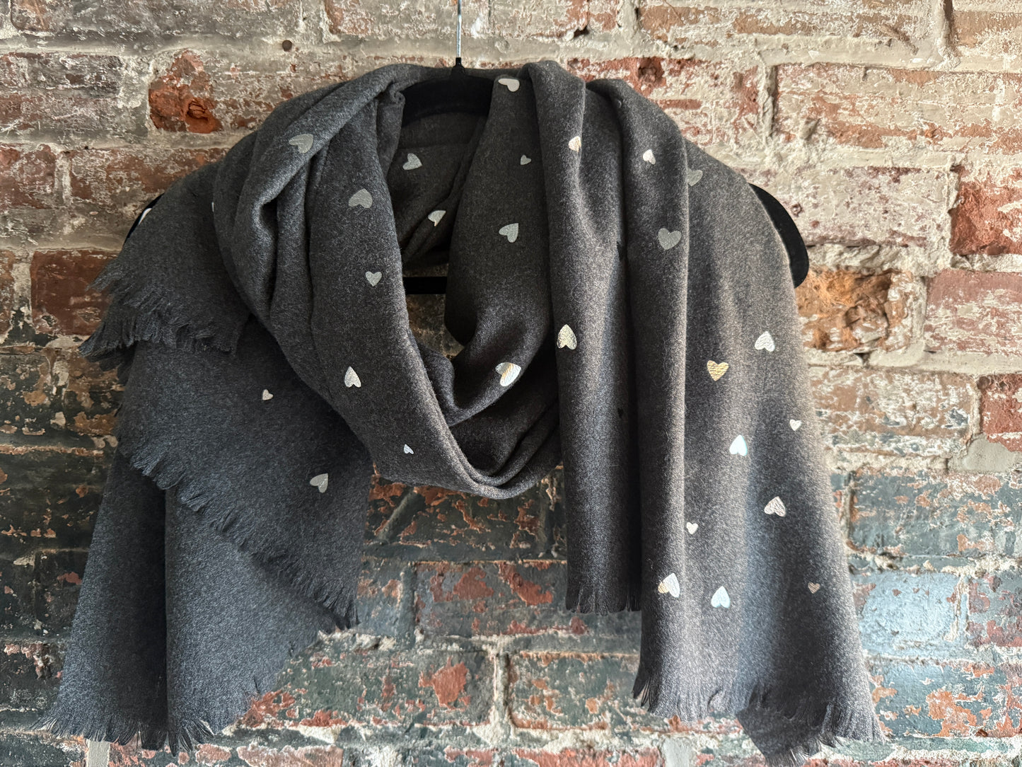 Grey Long Scarf with Silver Metallic Hearts
