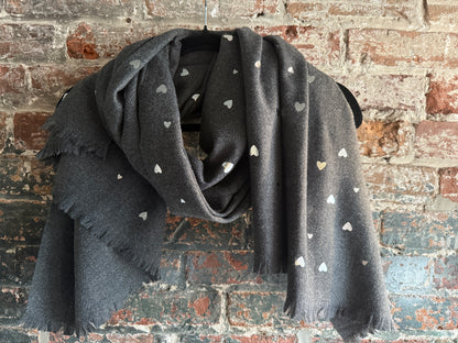 Grey Long Scarf with Silver Metallic Hearts