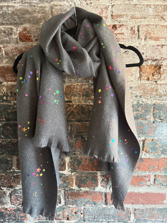 Grey Long Scarf with Multicolour Metallic Stars