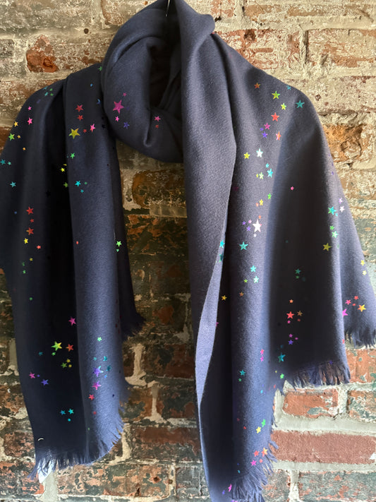 Dark Navy Long Scarf with Multicolour Metallic Stars