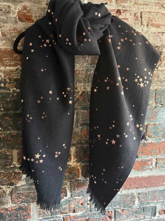 Black Long Scarf with Rose Gold Metallic Stars