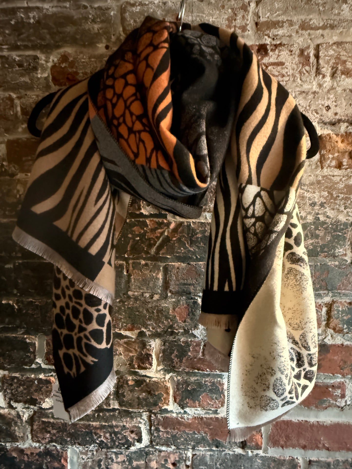 Mixed Animal Print Long Scarf - Tan, Black, Rust, Grey