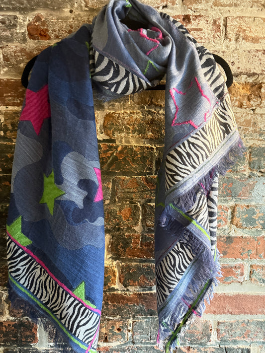 Multi Pattern Long Scarf with Animal Trim -Blue, Pink, Green