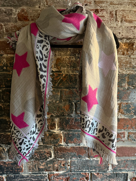 Multi Pattern Long Scarf with Animal Trim -Ivory, Grey, Pink, Lavender