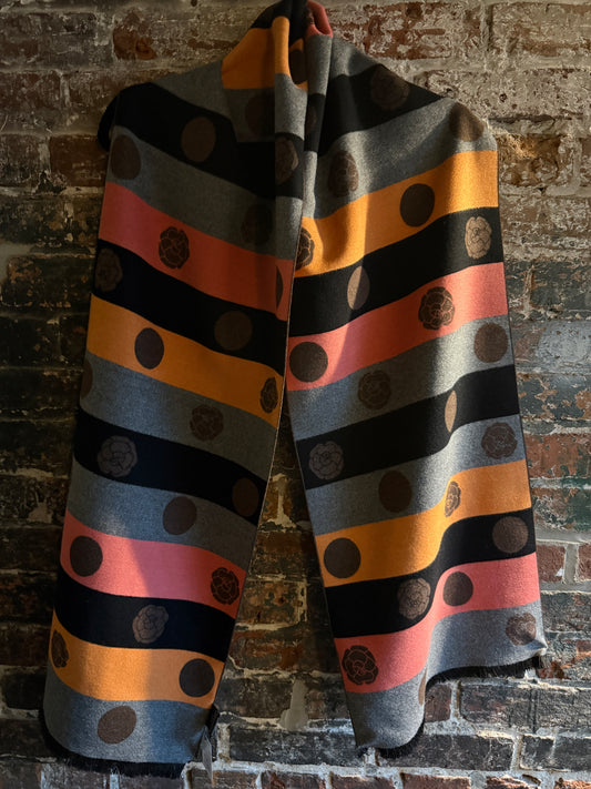 Long Multi Pattern Reversible Scarf - Rust, Brown, Coral, Grey