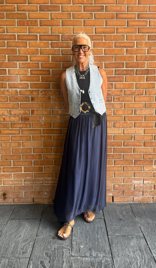Silk Maxi Skirt with Lining - NAVY